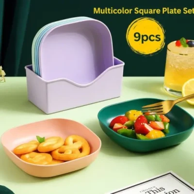 Multicolor 9-Piece Square Plate Set
