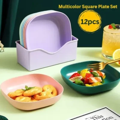 Multicolor 12-Piece Square Plate Set